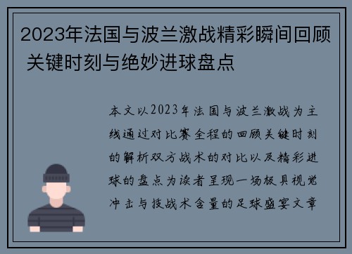 2023年法国与波兰激战精彩瞬间回顾 关键时刻与绝妙进球盘点