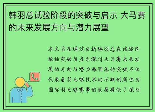 韩羽总试验阶段的突破与启示 大马赛的未来发展方向与潜力展望