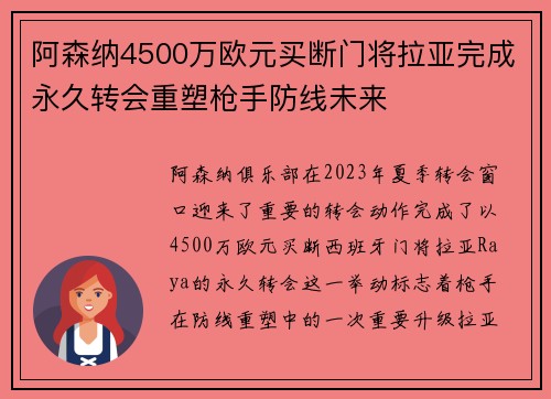 阿森纳4500万欧元买断门将拉亚完成永久转会重塑枪手防线未来